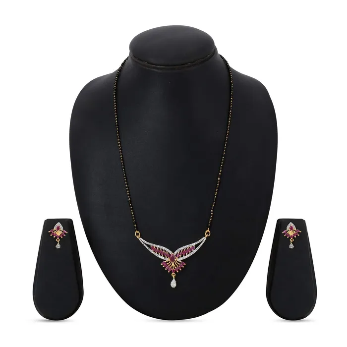 Yellow Chimes Necklaces Yellow Chimes Classic Pink ADAmerican Diamond Studded Ethnic Black Beads Designer Mangalsutra Set with Earrings for Women