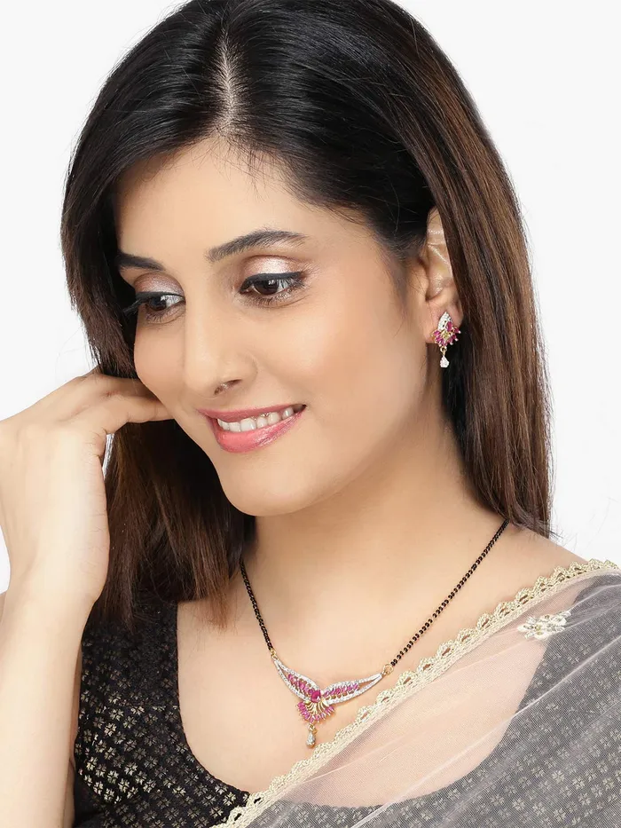 Yellow Chimes Necklaces Yellow Chimes Classic Pink ADAmerican Diamond Studded Ethnic Black Beads Designer Mangalsutra Set with Earrings for Women