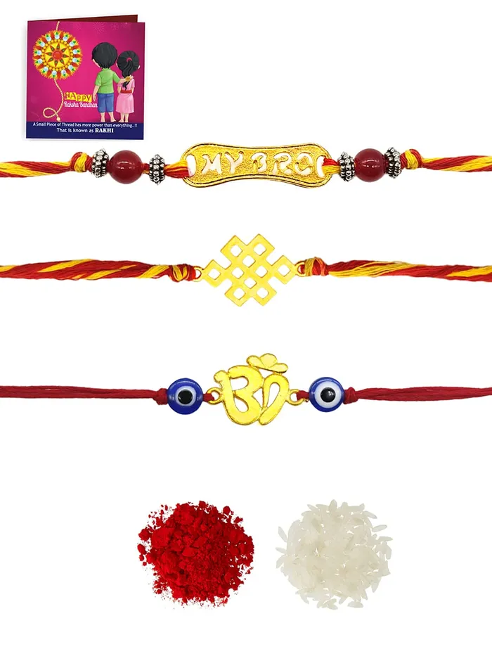 Yellow Chimes Necklaces Yellow Chimes Combo of 3 Pcs Handmade Dori Worked Gold Toned OM My BRO and Celtic Design Evil Eye Beads Rakhi for Brother with Roli Chawal Red Gold Medium YCTJRK15BHAYGL For Men