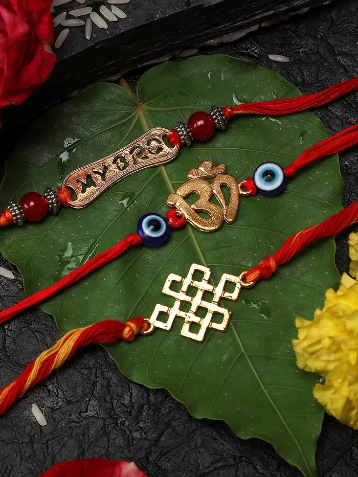 Yellow Chimes Necklaces Yellow Chimes Combo of 3 Pcs Handmade Dori Worked Gold Toned OM My BRO and Celtic Design Evil Eye Beads Rakhi for Brother with Roli Chawal Red Gold Medium YCTJRK15BHAYGL For Men