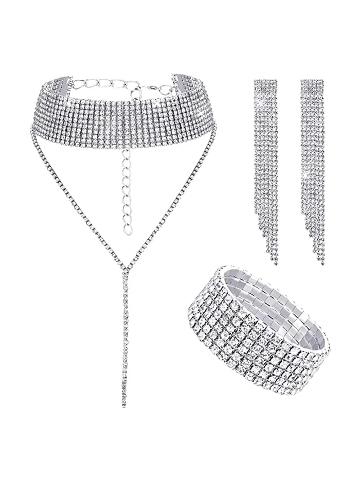 Yellow Chimes Necklaces Yellow Chimes Crystal Jewellery Set for Women Silver Plated White Crystal Necklace Set With Bracelet Jewellery Set For Women and Girls