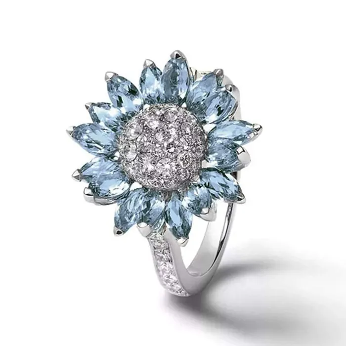 Yellow Chimes Necklaces Yellow Chimes Crystal Rings For Women Aquamarine Blue Stone Sunflower Shaped Ring Pack of 1 Silver Plated Finger Ring for Girls Birthday Gift For Girls Women Anniversary Gift for Wife