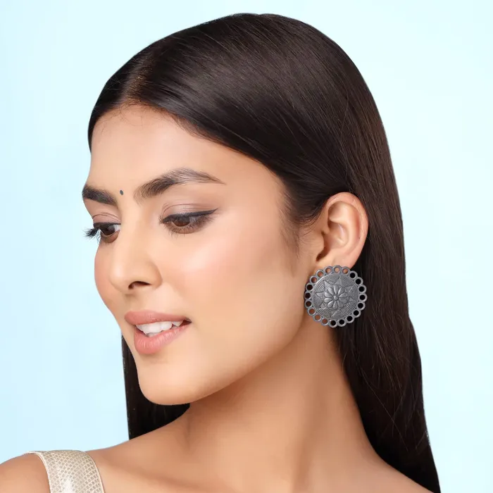 Yellow Chimes Necklaces Yellow Chimes Earrings For Women Silver Oxidised Floral Designed Stud Earrings For Women and Girls