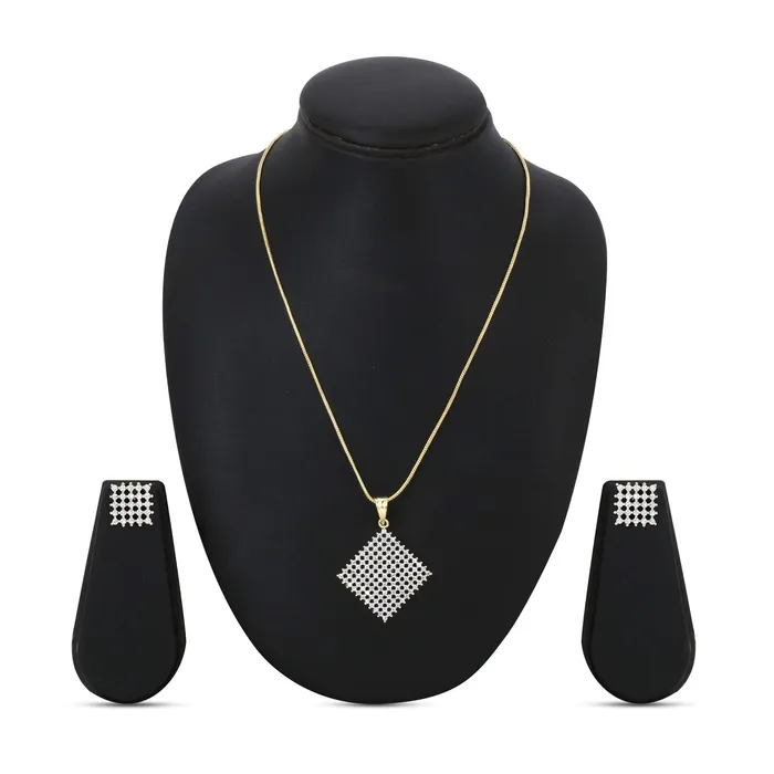 Yellow Chimes Necklaces Yellow Chimes Elegant White ADAmerican Diamond Studded Gold Plated Designer Square Charm Pendant Set with Earrings for Women Girls