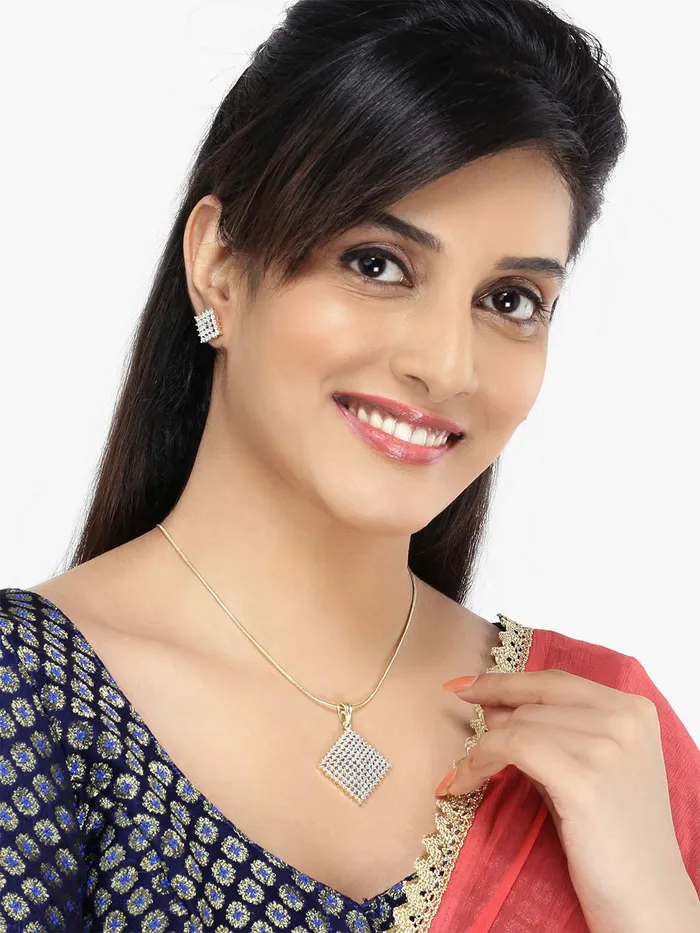 Yellow Chimes Necklaces Yellow Chimes Elegant White ADAmerican Diamond Studded Gold Plated Designer Square Charm Pendant Set with Earrings for Women Girls