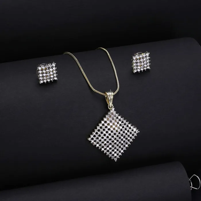 Yellow Chimes Necklaces Yellow Chimes Elegant White ADAmerican Diamond Studded Gold Plated Designer Square Charm Pendant Set with Earrings for Women Girls