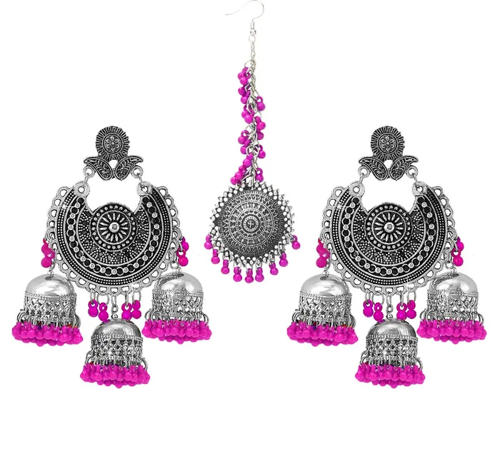 Yellow Chimes Necklaces Yellow Chimes German Oxidised Silver Afghani Navratri Garba Style Traditional Maang Tikka with Jhumka Earrings Jewellery Set for Women and Girls Pink Yellow Chimes Necklaces Yellow Chimes German Oxidised Silver Afghani Navratri Garba Style Traditional Maang Tikka with Jhumka Earrings Jewellery Set for Women and Girls Pink