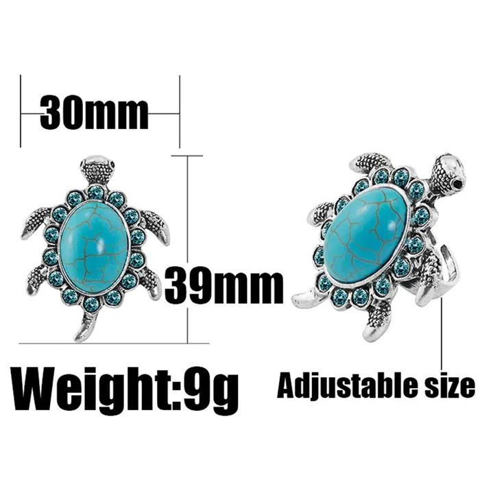 Yellow Chimes Necklaces Yellow Chimes Good Luck Tortoise Design Turquoise Rhinestone Big Turtle Silver Plated Adjustable Rings for Women and Girls