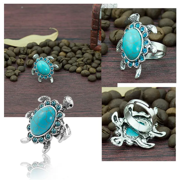 Yellow Chimes Necklaces Yellow Chimes Good Luck Tortoise Design Turquoise Rhinestone Big Turtle Silver Plated Adjustable Rings for Women and Girls