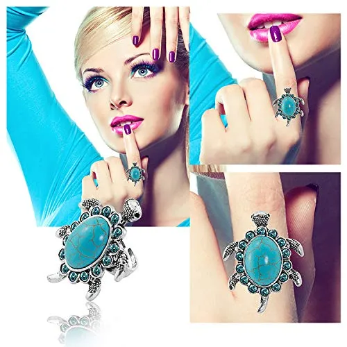 Yellow Chimes Necklaces Yellow Chimes Good Luck Tortoise Design Turquoise Rhinestone Big Turtle Silver Plated Adjustable Rings for Women and Girls