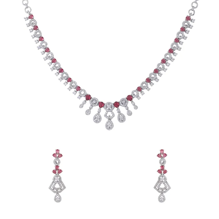 Yellow Chimes Necklaces Yellow Chimes Jewellery Set for Women and Girls American Diamond Jewellery Set Silver Tone Drop Designed Pink AD Necklace Set Birthday Gift for girls and women Anniversary Gift for Wife