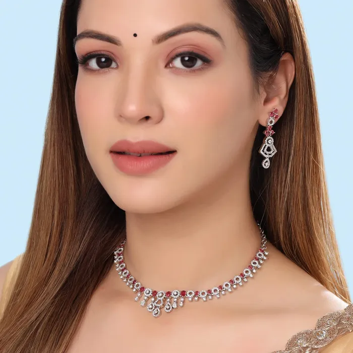 Yellow Chimes Necklaces Yellow Chimes Jewellery Set for Women and Girls American Diamond Jewellery Set Silver Tone Drop Designed Pink AD Necklace Set Birthday Gift for girls and women Anniversary Gift for Wife
