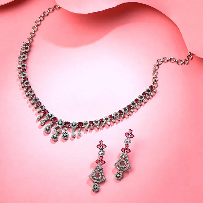 Yellow Chimes Necklaces Yellow Chimes Jewellery Set for Women and Girls American Diamond Jewellery Set Silver Tone Drop Designed Pink AD Necklace Set Birthday Gift for girls and women Anniversary Gift for Wife