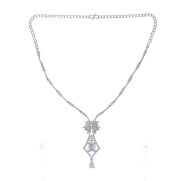 Yellow Chimes Necklaces Yellow Chimes Jewellery Set for Women and Girls American Diamond Jewellery Set Silver Tone Drop Designed White AD Necklace Set Birthday Gift for girls and women Anniversary Gift for Wife