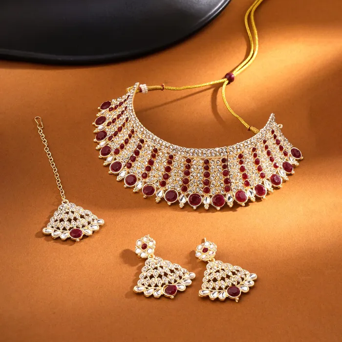 Yellow Chimes Necklaces Yellow Chimes Jewellery Set for Women and Girls Crystal Jewellery Set for Women Gold Tone Red Crystal Broad Choker Necklace Set Birthday Gift for girls and women Anniversary Gift for Wife
