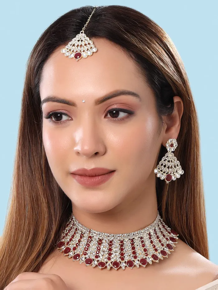 Yellow Chimes Necklaces Yellow Chimes Jewellery Set for Women and Girls Crystal Jewellery Set for Women Gold Tone Red Crystal Broad Choker Necklace Set Birthday Gift for girls and women Anniversary Gift for Wife