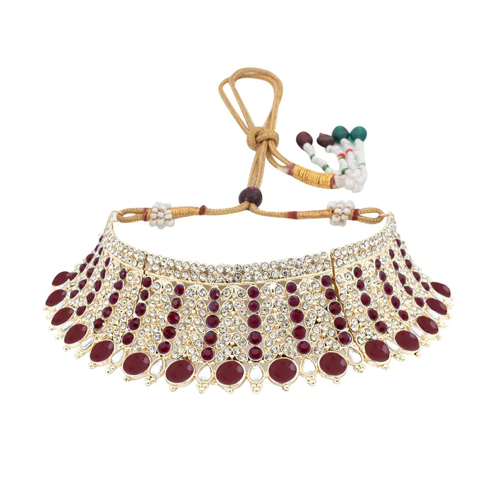 Yellow Chimes Necklaces Yellow Chimes Jewellery Set for Women and Girls Crystal Jewellery Set for Women Gold Tone Red Crystal Broad Choker Necklace Set Birthday Gift for girls and women Anniversary Gift for Wife