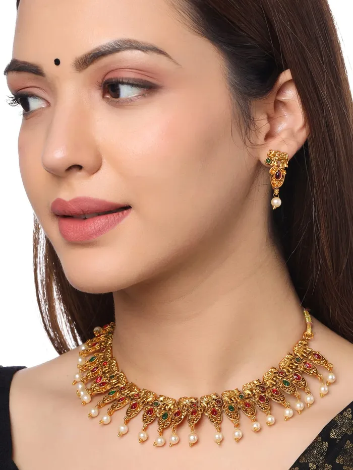 Yellow Chimes Necklaces Yellow Chimes Jewellery Set for Women Gold Plated Beads Drop Designed Crystals Studded Bridal Choker Necklace Set for Women and Girls