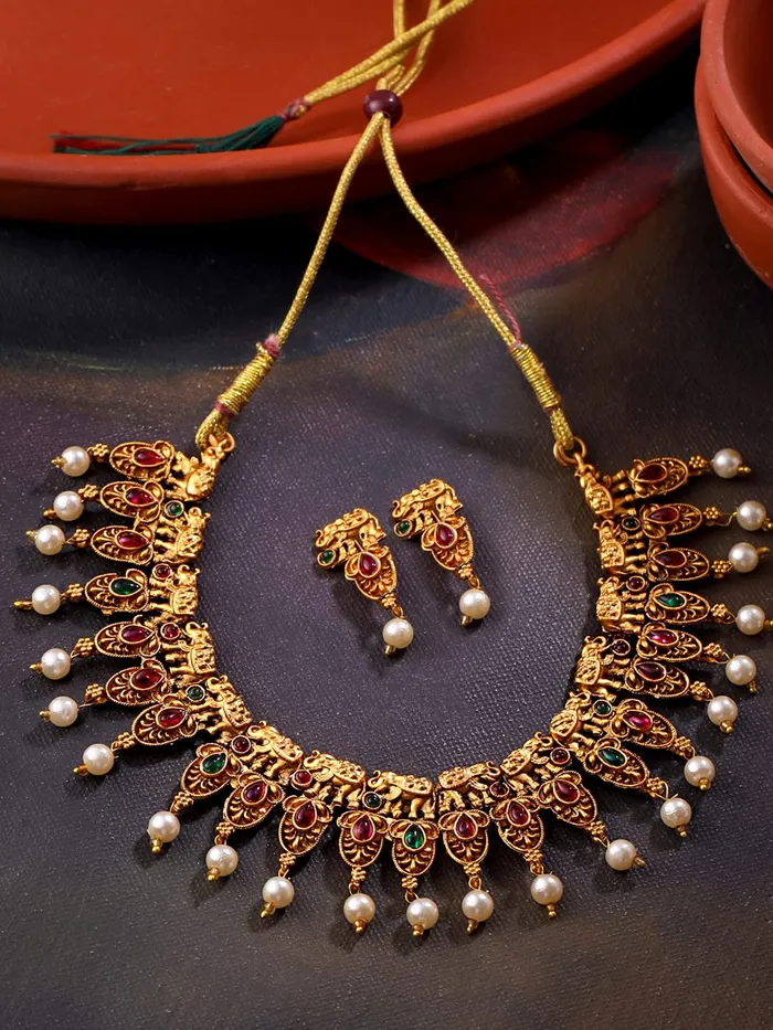 Yellow Chimes Necklaces Yellow Chimes Jewellery Set for Women Gold Plated Beads Drop Designed Crystals Studded Bridal Choker Necklace Set for Women and Girls