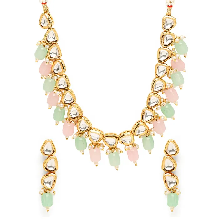 Yellow Chimes Necklaces Yellow Chimes Jewellery Set for Women Gold Plated Big Kundan Studded Beads Drop Designed Choker Necklace Set with Earrings for Women and Girls