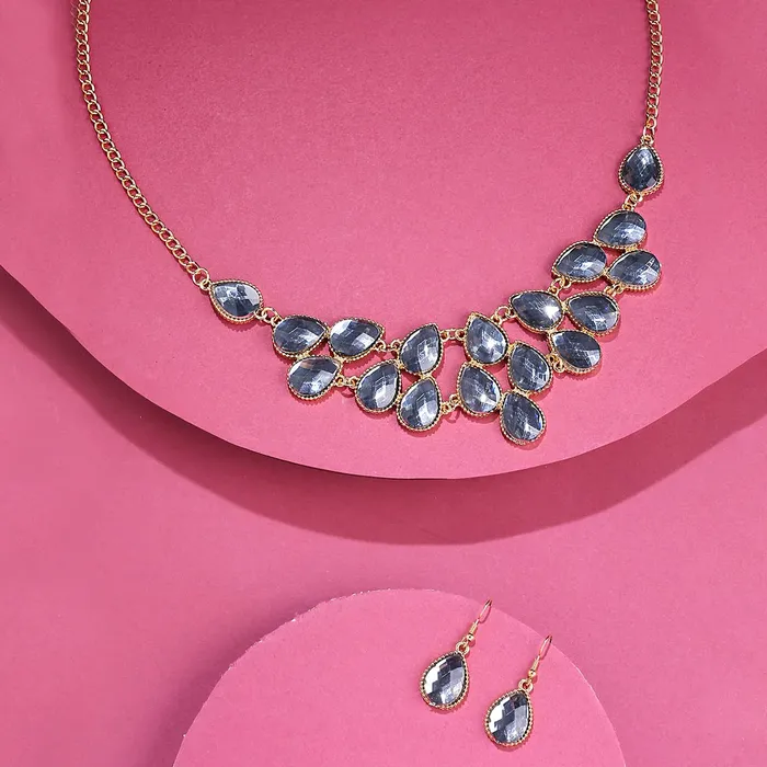 Yellow Chimes Necklaces Yellow Chimes Jewellery Set For Women Gold Toned Black Oval Shaped Crystal Studded Necklace Set With Earring For Women and Girls