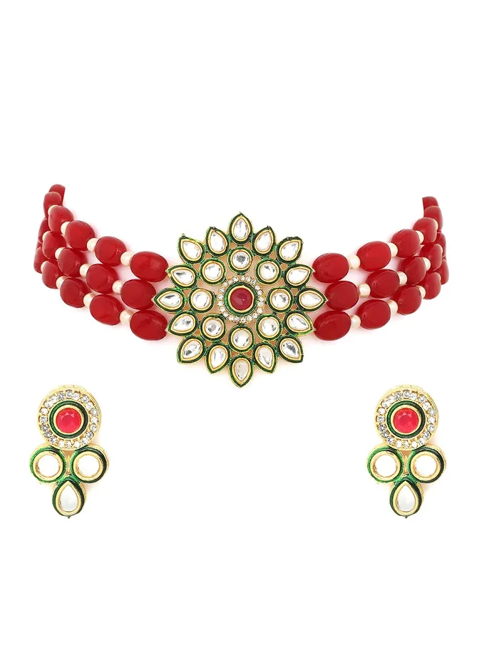 Yellow Chimes Necklaces Yellow Chimes Kundan Jewellery Set for Women Traditional Red Beads Necklace Set Gold Toned Choker Necklace Set for Women and Girls Yellow Chimes Necklaces Yellow Chimes Kundan Jewellery Set for Women Traditional Red Beads Necklace Set Gold Toned Choker Necklace Set for Women and Girls