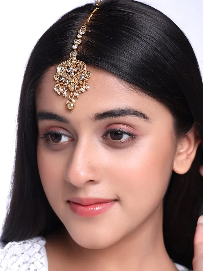 Yellow Chimes Necklaces Yellow Chimes Maang Tikka for Women Gold Toned Pearl Drop Maang Tikka for Women and Girls
