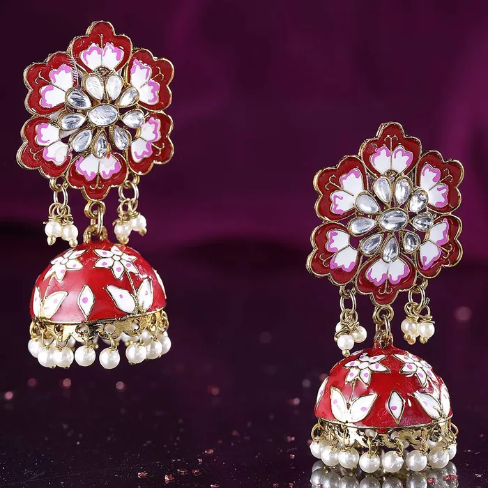 Yellow Chimes Necklaces Yellow Chimes Meenakari Jhumka Earrings Handcrafted Stylish Gold toned Traditional Flower JhumkaJhumki Earrings for Women Girls Red