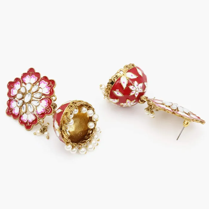 Yellow Chimes Necklaces Yellow Chimes Meenakari Jhumka Earrings Handcrafted Stylish Gold toned Traditional Flower JhumkaJhumki Earrings for Women Girls Red