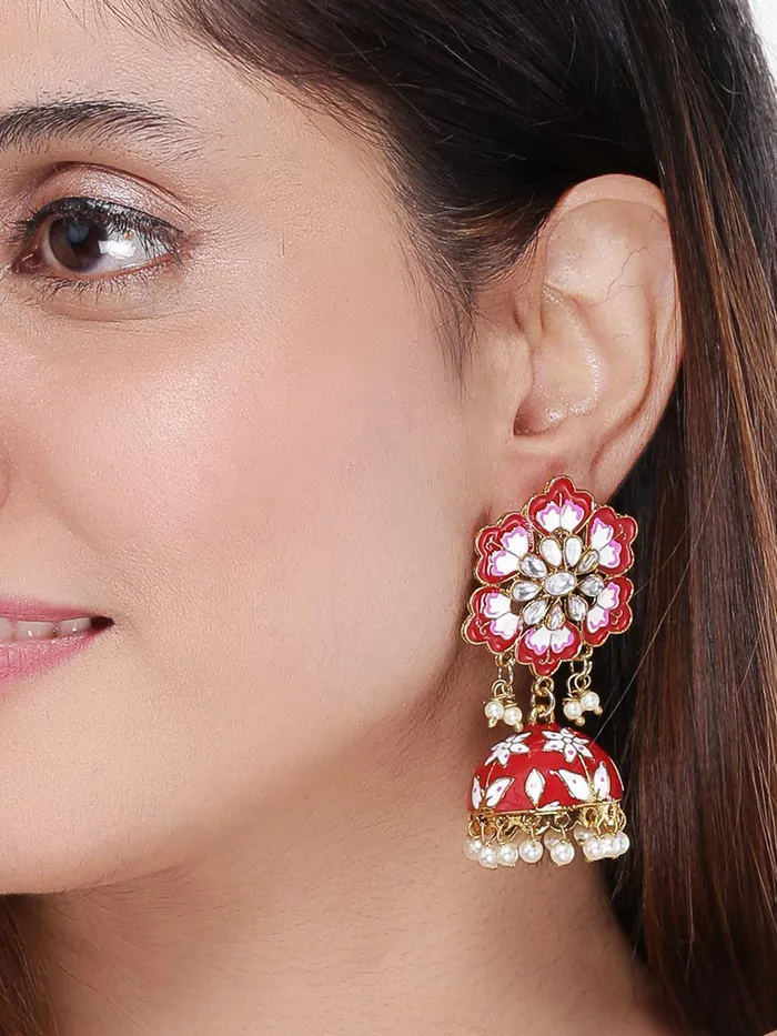 Yellow Chimes Necklaces Yellow Chimes Meenakari Jhumka Earrings Handcrafted Stylish Gold toned Traditional Flower JhumkaJhumki Earrings for Women Girls Red