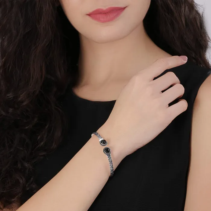 Yellow Chimes Necklaces Yellow Chimes Oxidised Silver Bracelet for Women Silver Oxidised Combo of 3 Pcs Vintage Look Kolhapuri Stones Open Kada Bangle Bracelet for Women and Girls