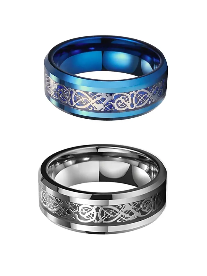 Yellow Chimes Necklaces Yellow Chimes Rings for Men 2 Pcs Combo Dragon Celtic Inlay Polish Finish Titanium Steel Rings for Men Boys Combo6 US 9