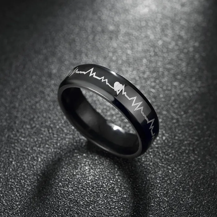 Yellow Chimes Necklaces Yellow Chimes Rings for Men Black Colored Band Heartbeat Love Message Stainless Steel Ring for Men and Boys