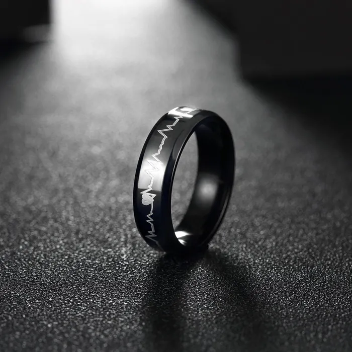 Yellow Chimes Necklaces Yellow Chimes Rings for Men Black Colored Band Heartbeat Love Message Stainless Steel Ring for Men and Boys