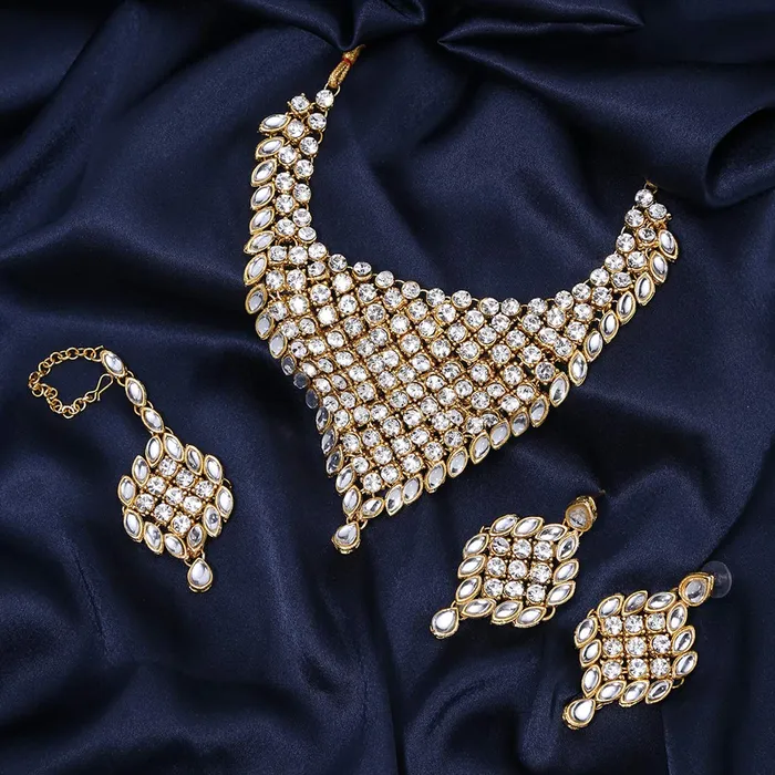 Yellow Chimes Necklaces Yellow Chimes Stylish Kundan Dulhan Jewellery Set Gold Plated Traditional White Choker Bridal Necklace Set for Women Girls