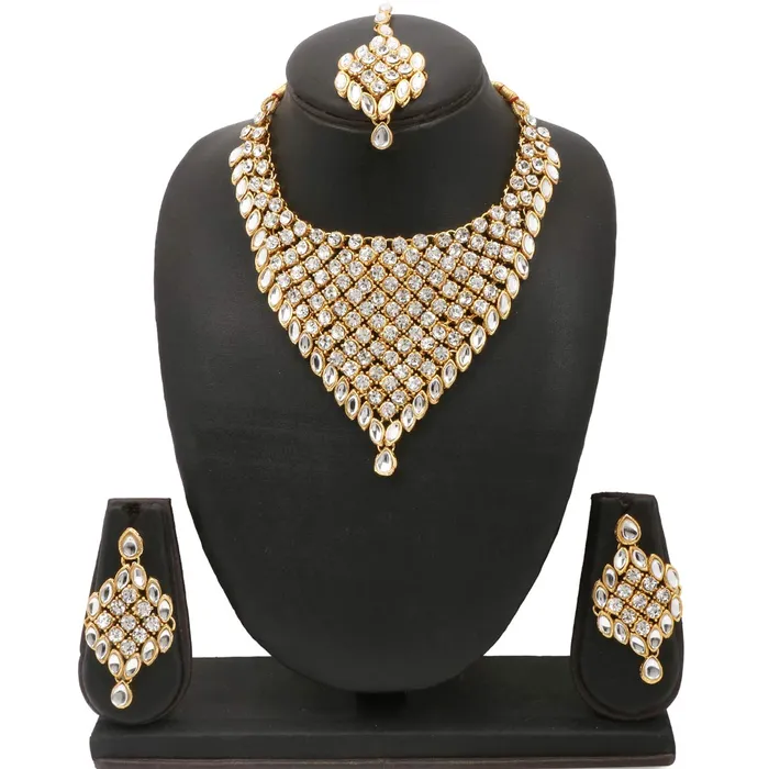 Yellow Chimes Necklaces Yellow Chimes Stylish Kundan Dulhan Jewellery Set Gold Plated Traditional White Choker Bridal Necklace Set for Women Girls