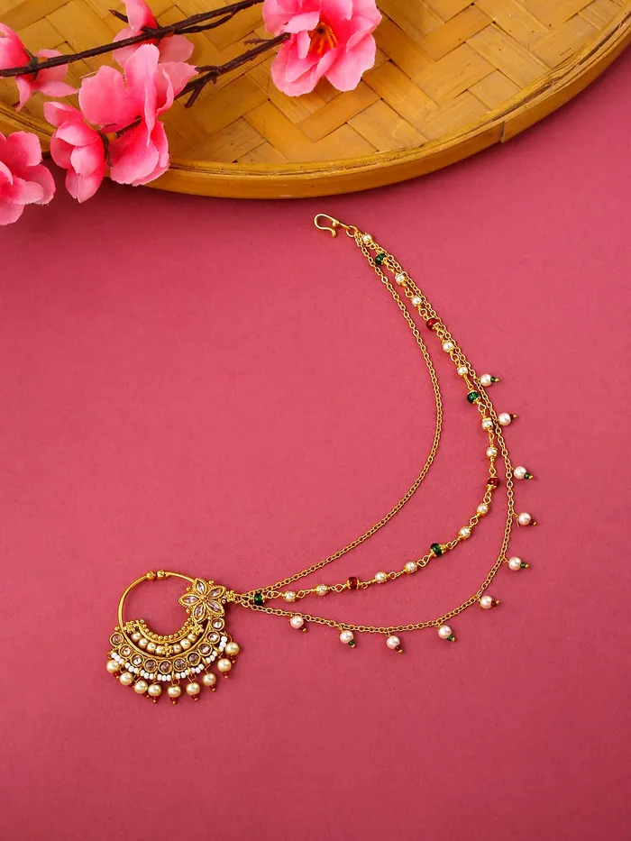 Yellow Chimes Nose Pin for Women Gold Toned Non Piercing Crystal Studded Beads Chain and Floral Designed Nose Pin with Chain for Women and Girls Yellow Chimes Necklaces