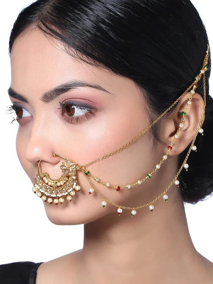 Yellow Chimes Nose Pin for Women Gold Toned Non Piercing Crystal Studded Beads Chain and Floral Designed Nose Pin with Chain for Women and Girls Yellow Chimes Necklaces