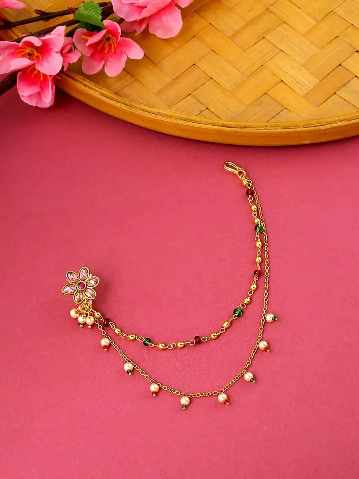 Yellow Chimes Nose Pin for Women Gold Toned Non Piercing Crystal Studded Beads Chain and Floral Designed Nose Pin with Chain for Women and Girls Yellow Chimes Necklaces