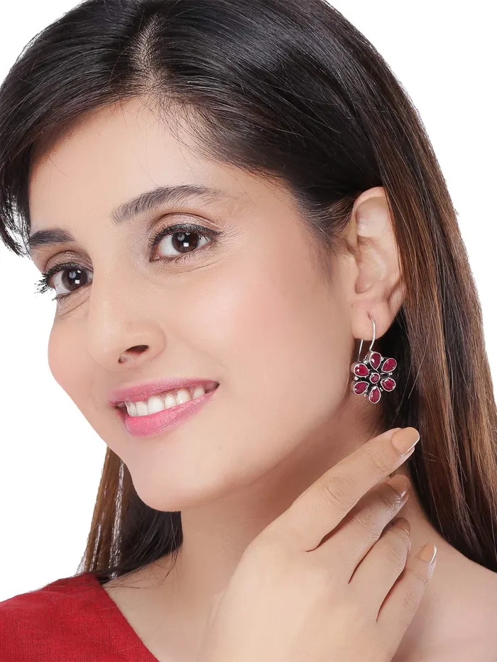 Yellow Chimes Oxidised Drop Earrings for Women Silver Oxidised Handmand Floral Charm Studded Pink Stone Drop Earrings Women And Girls Yellow Chimes Earrings