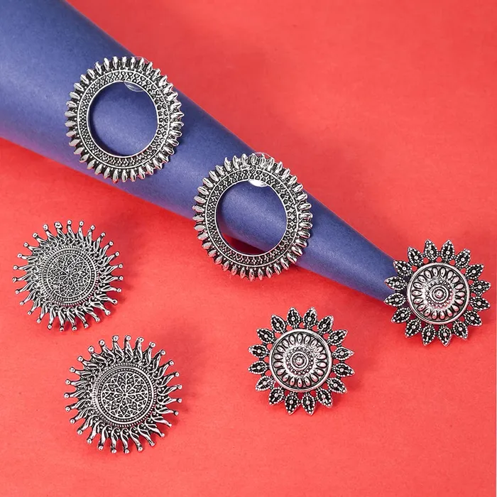 Yellow Chimes Oxidised Earrings for Women Traditional Silver Oxidised Combo of 3 Pairs Stud Earrings for Women and Girls Yellow Chimes Earrings