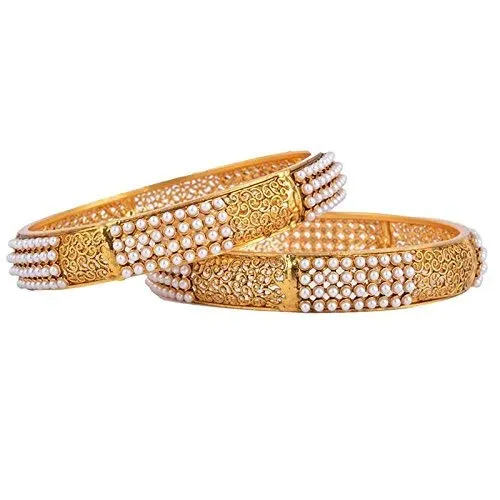 Yellow Chimes Pair Of 2 Exclusive Broad Hand Crafted Pearl Antique designer Traditional Bangles For Women Yellow Chimes Necklaces