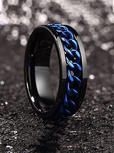 Yellow Chimes Rings for Men Chain Ring Tough Dude Blue Chain Stainless Steel Black Ring for Men and Boys Yellow Chimes Earrings