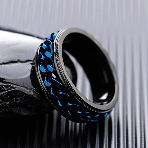 Yellow Chimes Rings for Men Chain Ring Tough Dude Blue Chain Stainless Steel Black Ring for Men and Boys Yellow Chimes Earrings