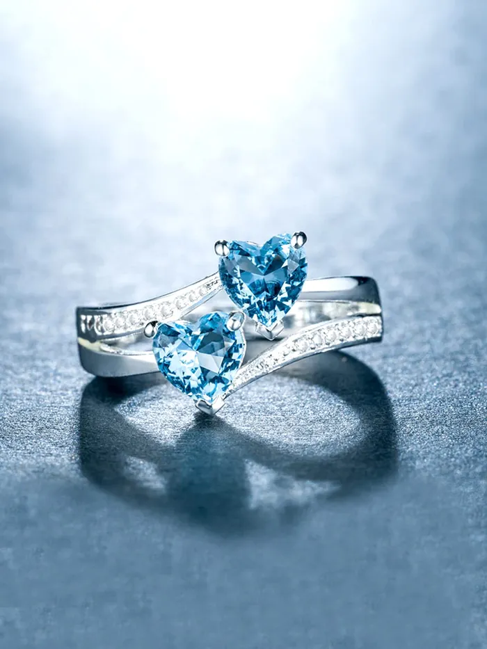 Yellow Chimes Rings for Women and Girls Blue Color Ring Silver Tone Dual Heart Shaped Blue Crystal Finger Ring for Women Birthday Gift For girls and women Anniversary Gift for Wife Yellow Chimes Earrings