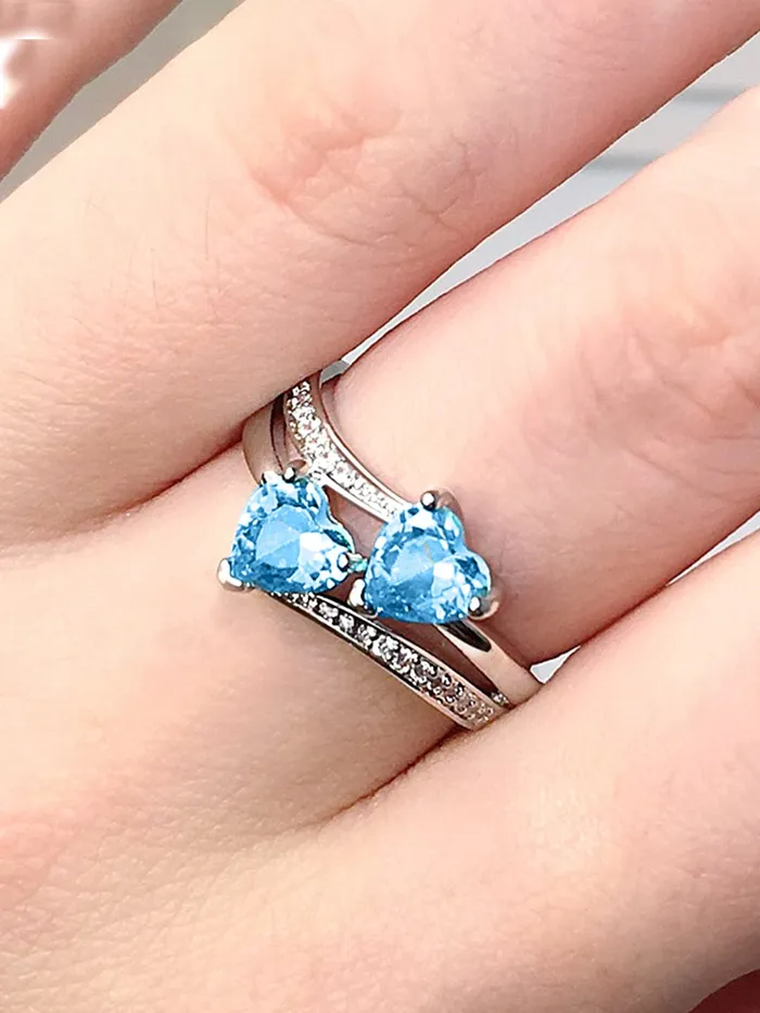 Yellow Chimes Rings for Women and Girls Blue Color Ring Silver Tone Dual Heart Shaped Blue Crystal Finger Ring for Women Birthday Gift For girls and women Anniversary Gift for Wife Yellow Chimes Earrings