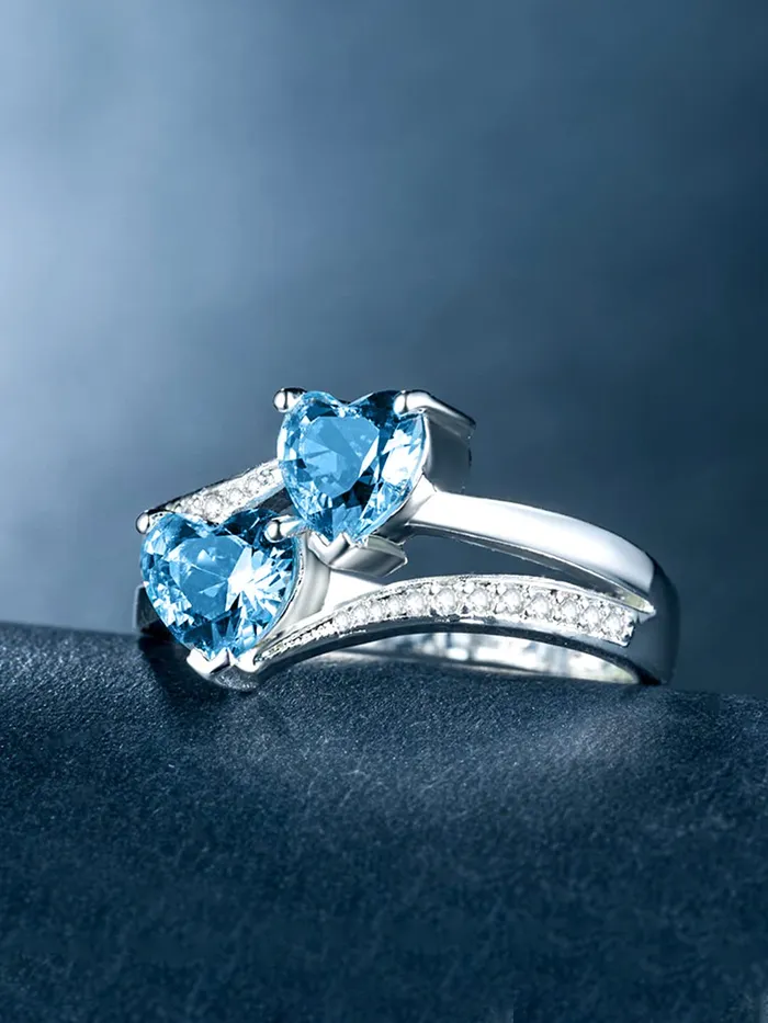 Yellow Chimes Rings for Women and Girls Blue Color Ring Silver Tone Dual Heart Shaped Blue Crystal Finger Ring for Women Birthday Gift For girls and women Anniversary Gift for Wife Yellow Chimes Earrings