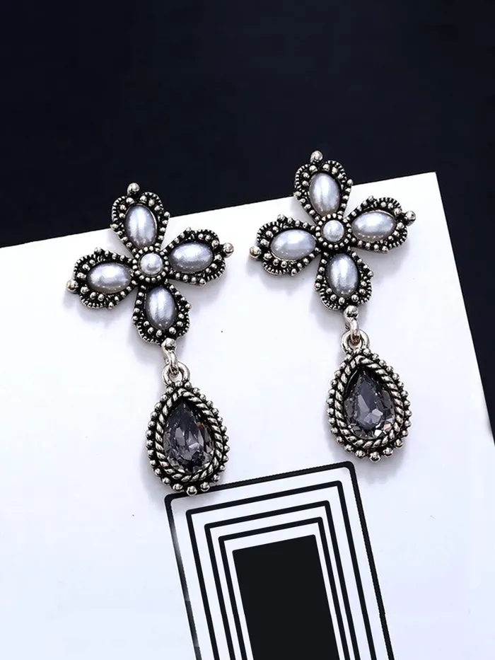 Yellow Chimes Rings Yellow Chimes Floral Earrings for Women Oxidised SilverPlated Floral Drop Earrings For Women and Girls