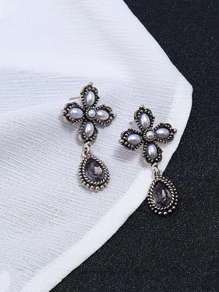 Yellow Chimes Rings Yellow Chimes Floral Earrings for Women Oxidised SilverPlated Floral Drop Earrings For Women and Girls