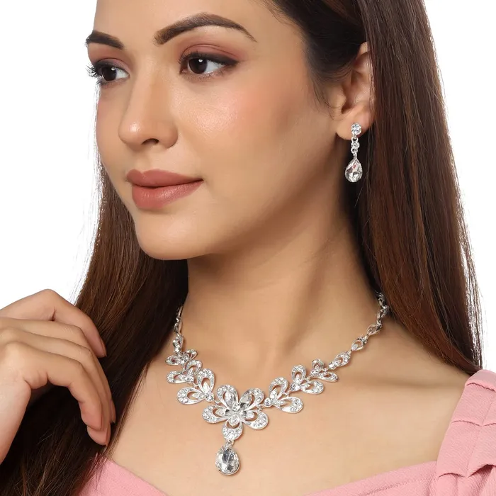 Yellow Chimes Rings Yellow Chimes Jewellery Set For Women Silver Toned Floral Designed Crystal Necklace Set For Women and Girls
